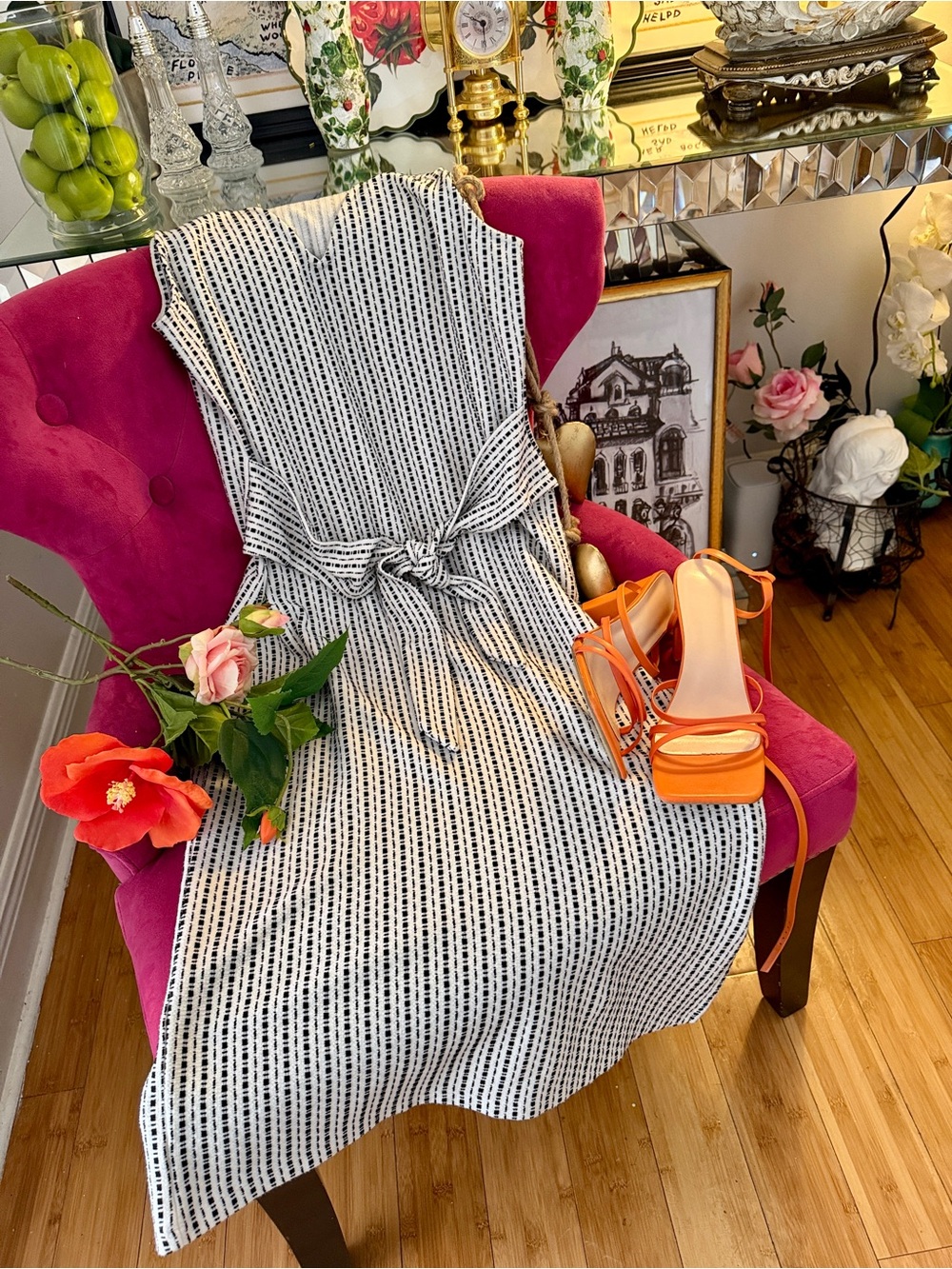 Ann Taylor Factory Black and White Striped Tie-Waist Dress